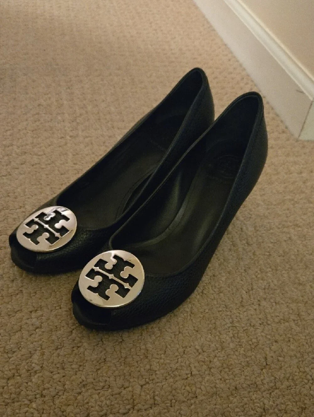 Tory Burch Black Leather Peep-Toe Heels with Silver Logo Medallion